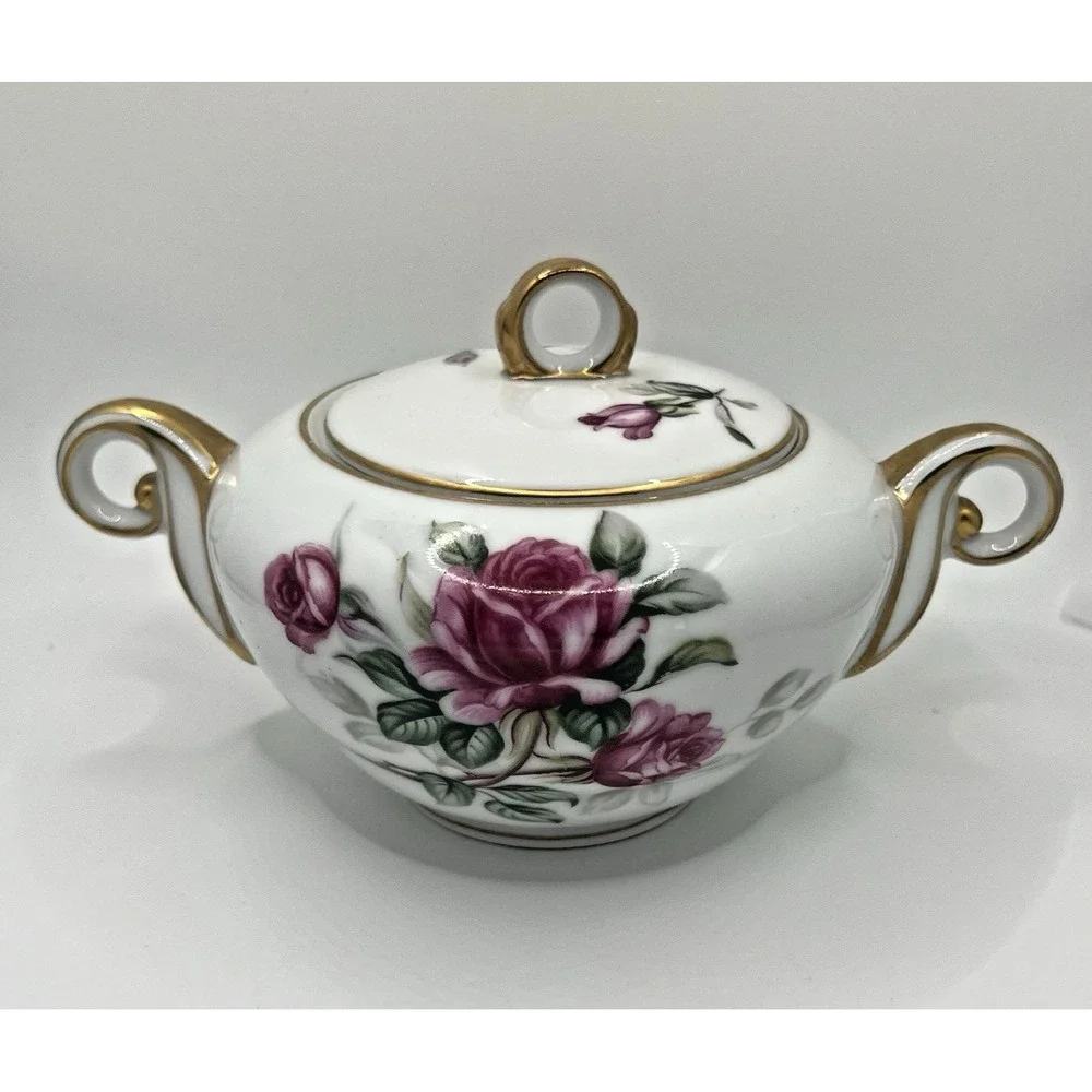 Wentworth China Cameo Rose Creamer and Covered Sugar Bowl Eterna Shape Gold Trim